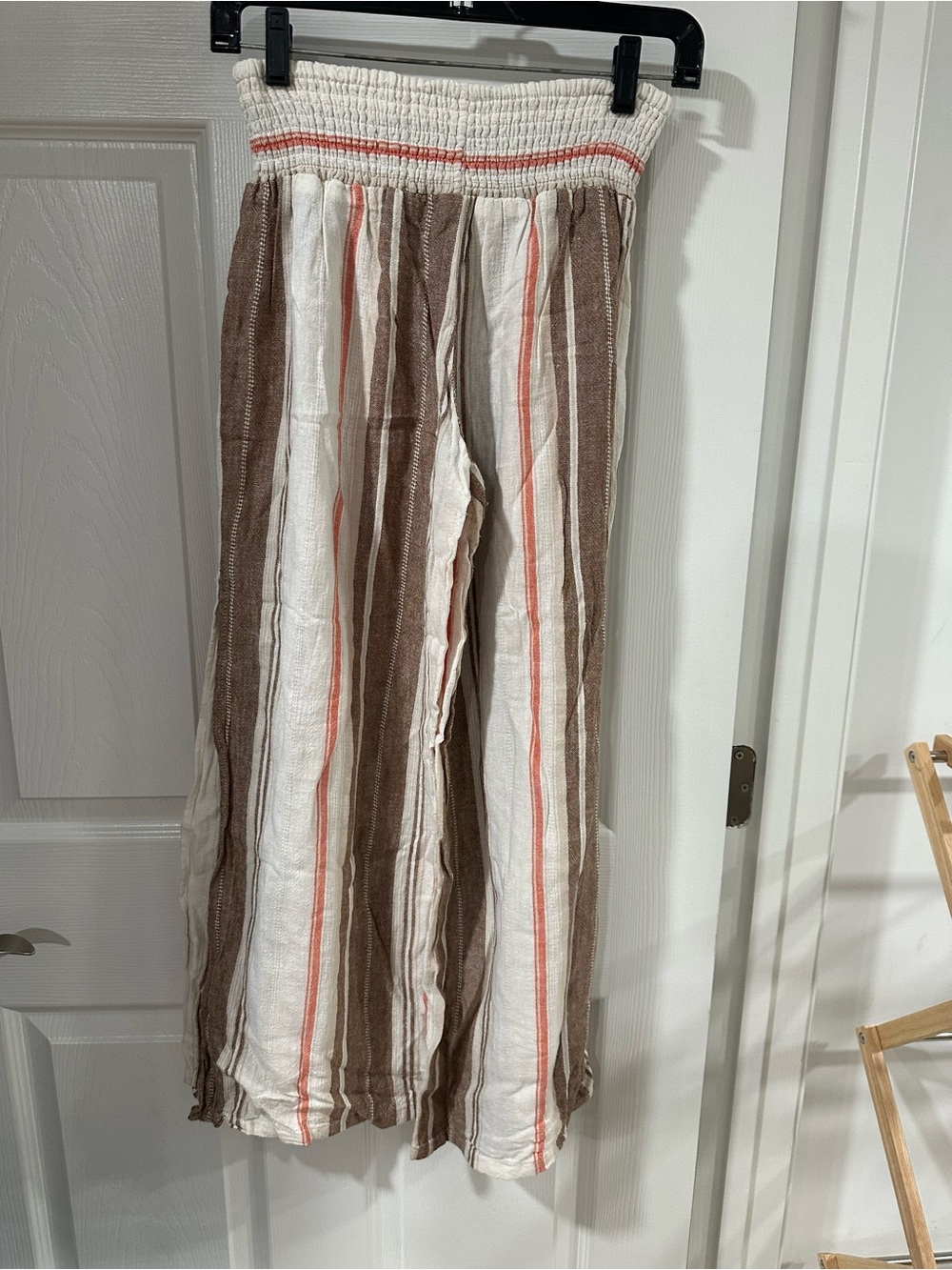 Vanilla Star Cream, Brown & Coral Striped Wide-Leg Pants